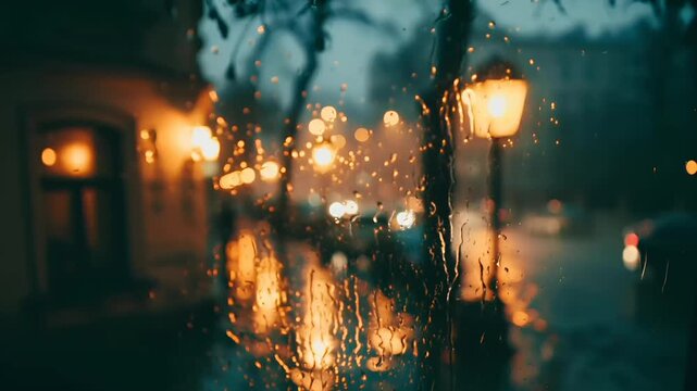 Paris, France, Europe. A moody, atmospheric photograph captures a rainy night scene. The main subject is a wet window pane, reflecting the warm, golden light of a street lamp and the city lights.