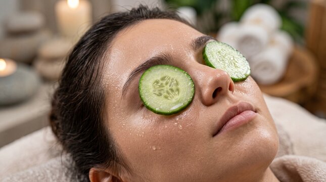 Close-up realistic photograph of a woman relaxing in a spa with fresh cucumber slices on her eyes for beauty treatment.