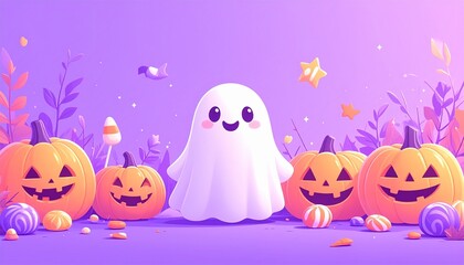 Fototapeta premium Cheerful Kawaii Ghost Surrounded by Smiling Pumpkins and Candy Treats