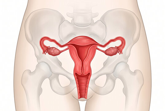 Detailed Medical Illustration of the Female Reproductive System Anatomy Showing the Uterus, Fallopian Tubes, Ovaries and Cervix for Gynecology Education, Healthcare, Medical Training and Human Anatomy