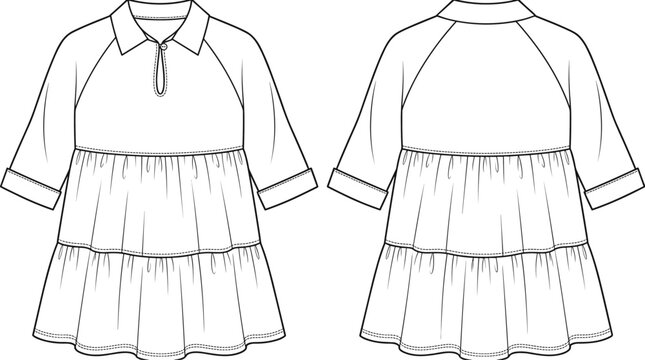 Technical flat sketch of a tiered mini dress with shirt collar and raglan sleeves.