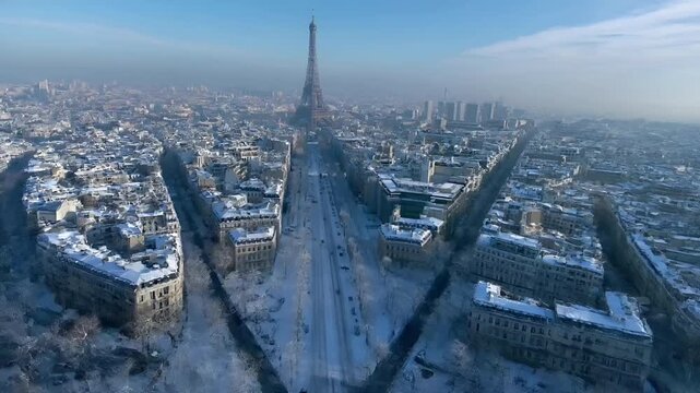Paris, France, Europe. A panoramic aerial view of Paris during winter. The Eiffel Tower stands tall against a clear blue sky. The city below is blanketed in a thick layer of snow.