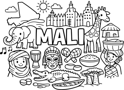 Mali, Wahrzeichen-Cartoon-Umrisse, handgezeichnete Linienkunst-Illustration, Doodle-Kunst-Malvorlage f&uuml;r Kinder