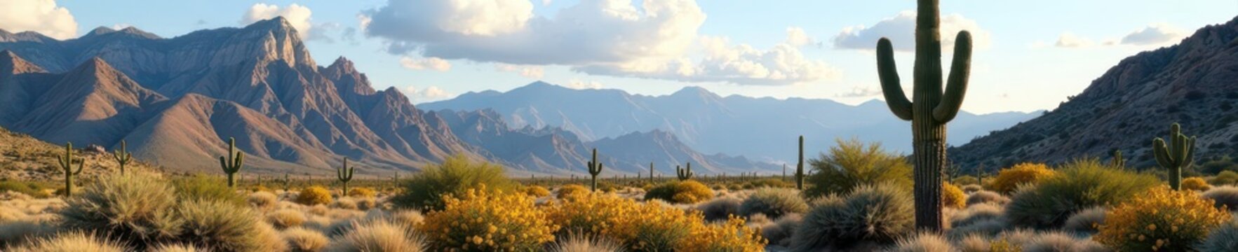 Imposing saguaro, surrounded by prickly pear and wildflowers, stands against dramatic desert mountain range , rocks, saguaros, arid