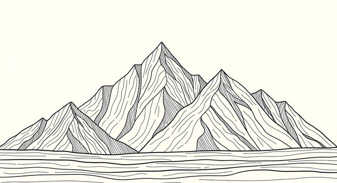 Hand Drawn Mountains and Water Black and White Landscape Illustration