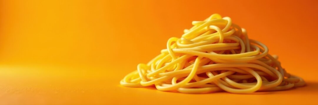 Pile of spaghetti, bright orange background, close-up view, ingredient, ready, texture