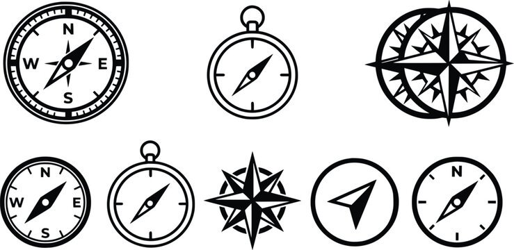 Vintage compass icons set, nautical navigation symbols in black and white eps format, 8 antique wind rose and map direction elements