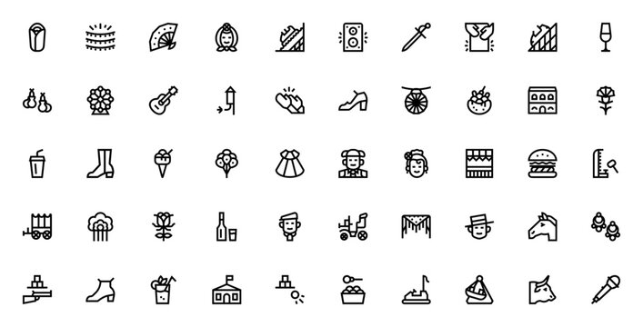 Fair icon set. Festival vector icons pack. Minimal line icons. Featuring kebab, lights, amusement park, roller coaster, ferris wheel, fireworks, bullring, bullfighter, guitar, ice cream, balloons and 
