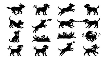 Obraz premium Playful Dog Silhouette Collection — 16 Action Poses Running Fetching Jumping Frisbee and Rope, Black and White Set