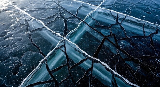 Intricate patterns of cracked ice on a cold winter day beauty