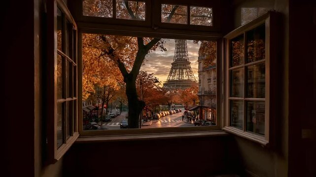 Paris, France, Europe. A vivid portrayal of the Eiffel Tower in Paris, France, bathed in the warm glow of the setting sun. The scene is captured through an open window.
