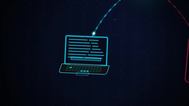 Neon animation of data synchronization between a laptop computer and a mobile phone through a cloud server on dark background