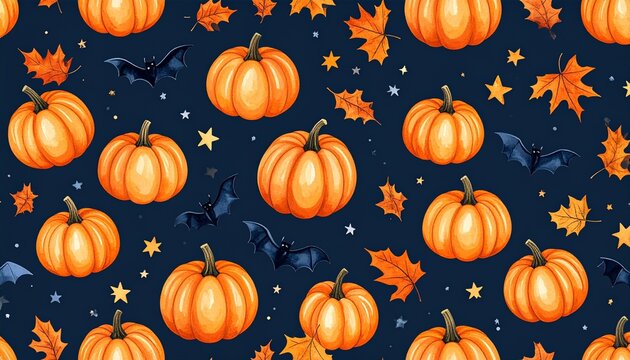 Repeating Autumn Pattern of Orange Pumpkins, Flying Bats and Golden Leaves on Navy