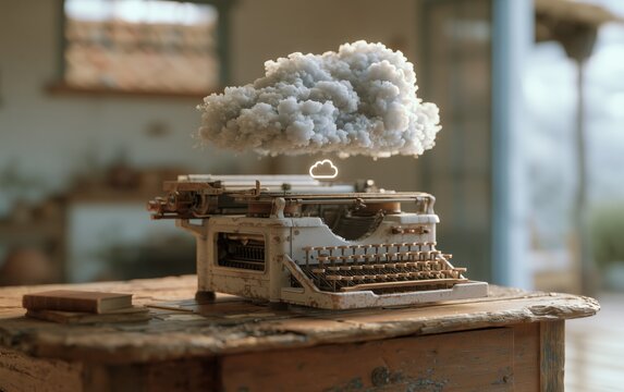 Floating fluffy cloud emerging from antique typewriter on weathered wooden surface