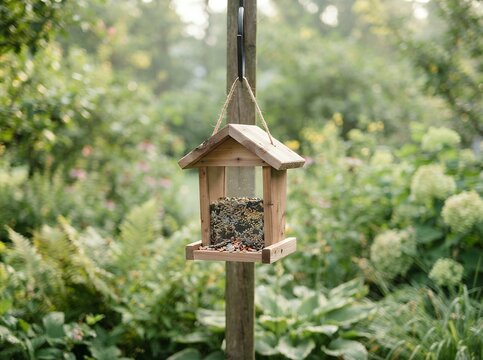 Wooden bird feeder hanging in a lush green garden with soft focus background.