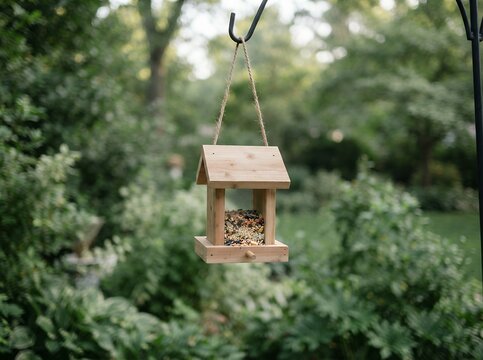 Wooden bird feeder hanging in a lush green garden setting.