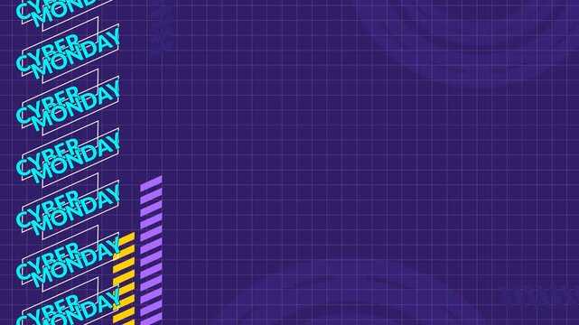 Seamless looping background animation of moving Cyber Monday text in side areas with wide navy grid pattern text copy space area. Flat style promo frame banner template for sale backdrop concept