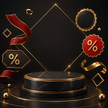 3D Luxury Marble Podium with Gold Ribbons and Red Percentage Badges