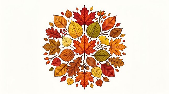 Colorful circular autumn leaf arrangement on white background