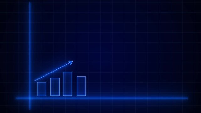 A glowing blue bar chart rises beside an upward arrow on a dark grid, creating a clear business video background for growth, finance, revenue, profit, strategy, analytics, reports, and market success.