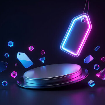 3D Neon Price Tag and Glowing Cyberpunk Podium for Product Display