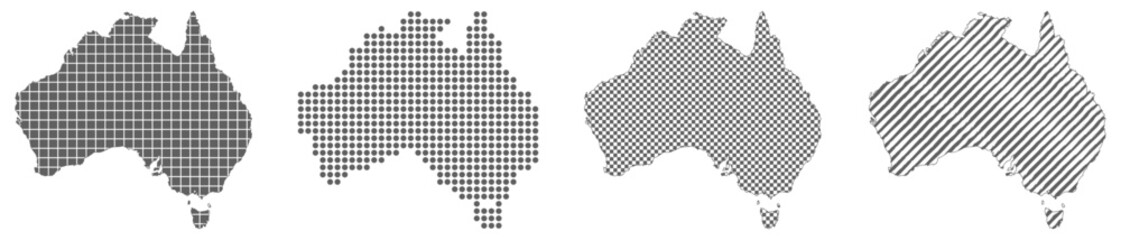 Australia map collection with grid dotted halftone checkerboard and diagonal stripe patterns vector illustration © LM STOCK