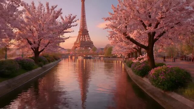 Paris, France, Europe. A vivid portrayal of the Eiffel Tower, the iconic landmark in Paris, France, bathed in the warm glow of the setting sun. The scene features cherry blossom trees in full bloom.