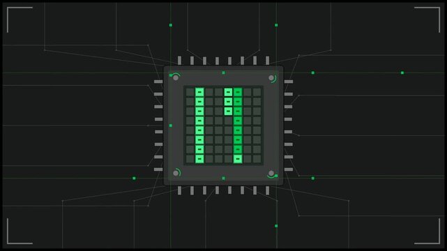 Data bit matrix animation on digital microchip with binary code pattern