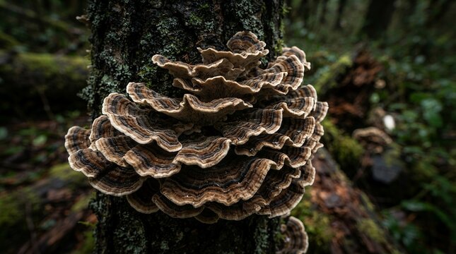 Close up of a shelf fungus growing on a tree trunk in a forest.