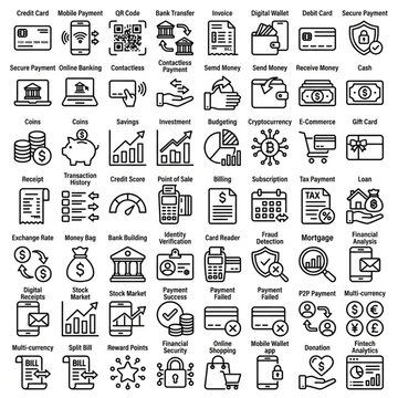 A comprehensive collection of outline icons related to financial transactions, banking, online payments, digital currency, and e-commerce concepts
