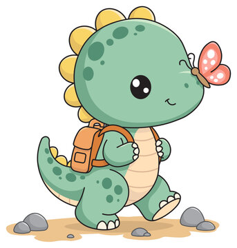 Cute Baby Dinosaur with Backpack and Butterfly |