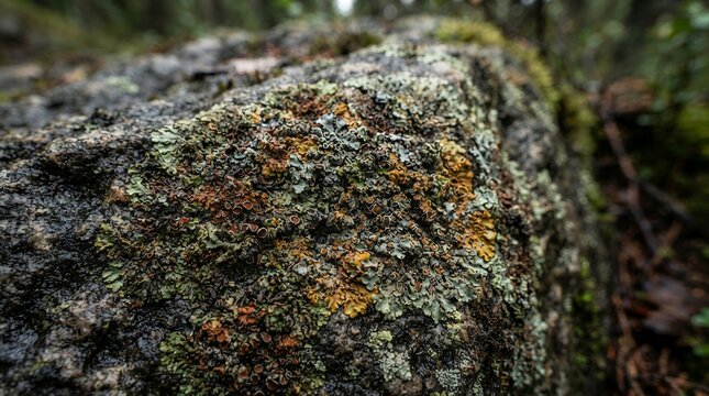 Close up of lichen and moss growing on a rough textured rock in a forest setting.