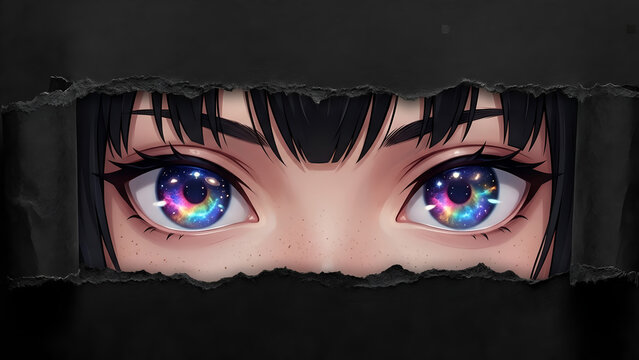Rainbow Nebula Anime Eyes Behind Torn Paper | AMOLED 8K Wallpaper