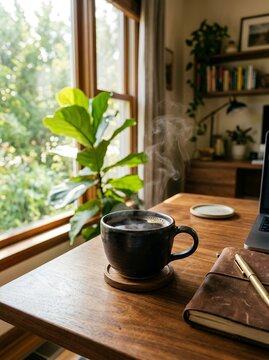 Cozy home office scene with steaming coffee cup and lush green plants by the window.
