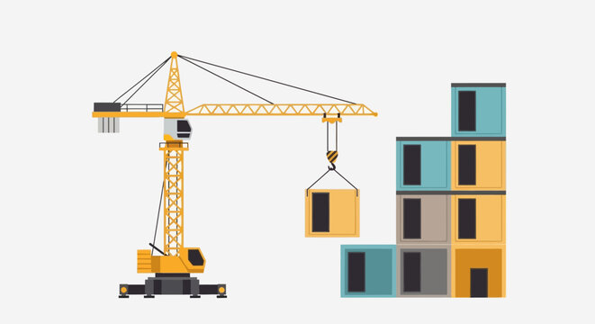 Tower crane lifting a modular container box block to build modern modular house or building vector illustration