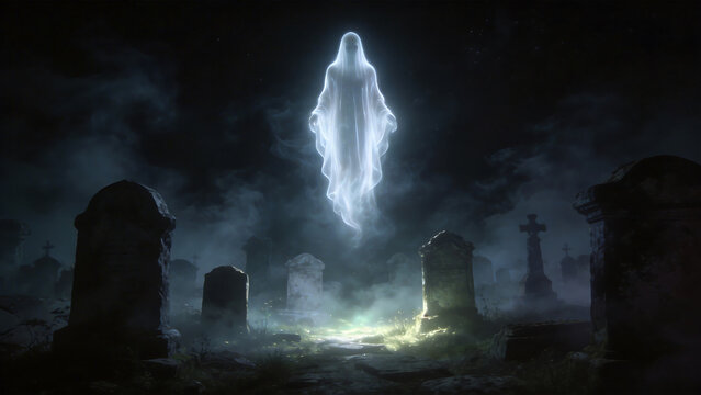 Ghostly figure in a foggy graveyard