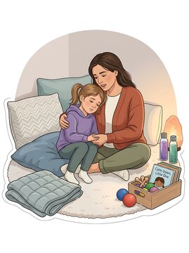 Mother comforting sad daughter in a cozy calm down corner
