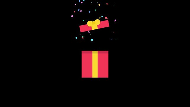 A red gift box opening with colorful confetti exploding against a black background.