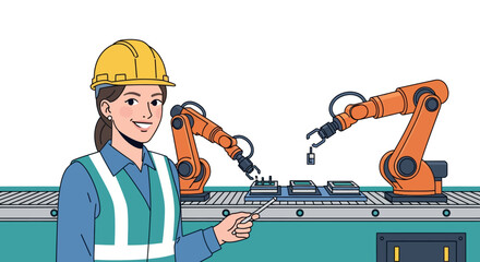 Fototapeta premium Female engineer in a hard hat and safety vest pointing at a modern automated factory production line with robotic arms assembling electronic components on a conveyor belt.
