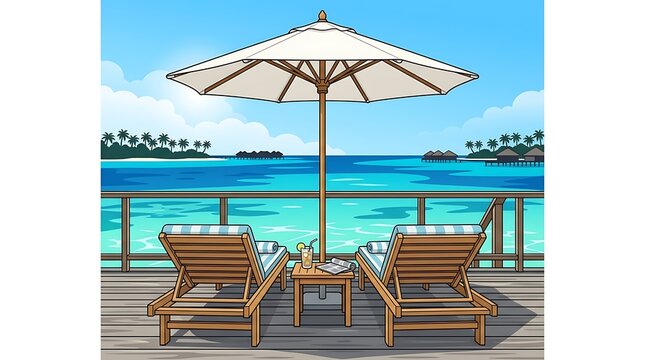 Two deck chairs under an umbrella on a tropical ocean terrace