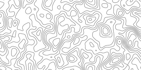 Abstract topographical map lines creating a detailed contour pattern, conveying a sense of exploration and geographic representation in a monochrome design. © hossain