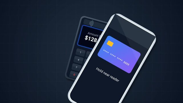 Animation of a contactless payment process using a virtual credit card on a mobile phone, showing NFC wireless transaction on a POS machine followed by an approved merchant receipt