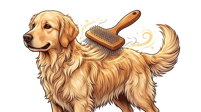Happy golden retriever receiving a grooming brush treatment