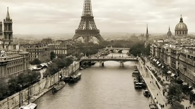 Paris, France, Europe. A sepiatoned photograph captures a panoramic view of Paris, France. The Eiffel Tower stands tall in the background.