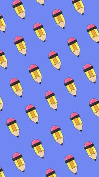 Seamless pattern of a cute yellow pencil with erasers on an abstract vertical blue background animation for back-to-school wallpaper and cute education backdrop design.