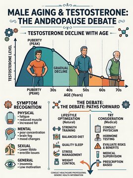 Infographic of male aging and testosterone decline over time