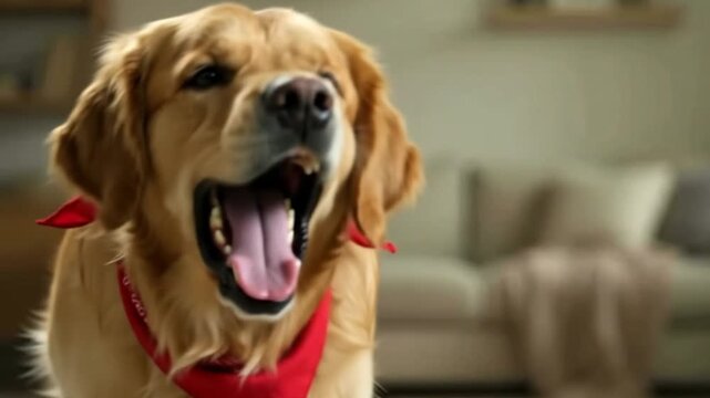 Extreme Close Up Portrait of a Golden Retriever Dog Wearing a Red Bandana and Barking Loudly with Open Mouth and Tongue Out Inside a Room