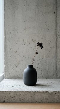 Minimalist dark vase with a single dried flower on a concrete windowsill.