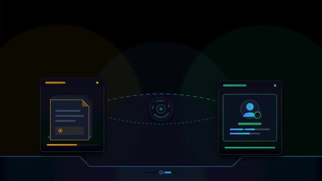 Digital interface animation showing data transfer and user profile sync