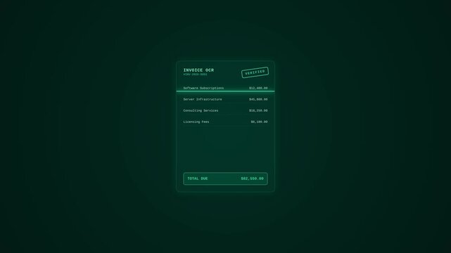 Invoice OCR Interface Scanning Financial Document on Dark Green HUD Background